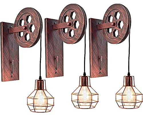 iDEGU Wandleuchte Industrielle, 1 flammige Deckenlampe Vintage Riemenscheibe Stil E27 Lampe aus Holz und Eisen Retro Hängelampe für Wohnzimmer Restaurant Bar – Rost Rot (3 Stück)