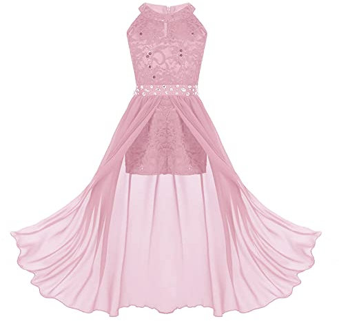 TiaoBug Robe Princesse Enfant Fille Dentelle à Strass Asymétrie Soirée Mariage Cérémonie Cocktail Sans Manche Organza Demoiselle d'Honneur Danse Carnaval E Rose 14 Ans