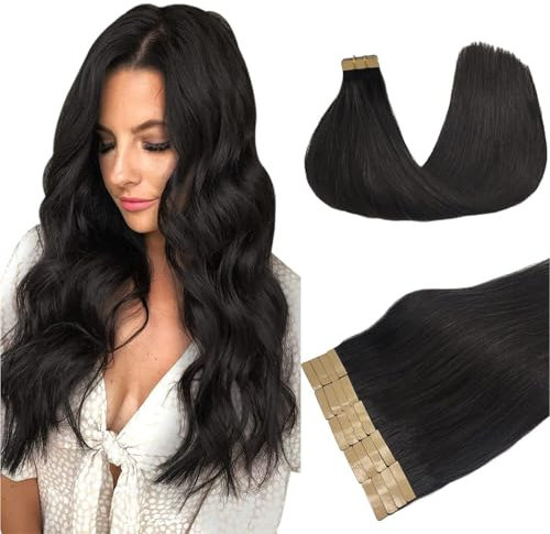 DOORES Tape in Human Hair Extensions Natural Black 16 Inch 20pcs 50g Silky Straight Real Hair Extensions Tape in Real Hair Glue in Extensions Skin Weft