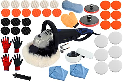 Duke-Handel Auto Poliermaschine 1600 W Set mit digitalem Display & 180° Drehgriff – Inkl. 44-tlg. Zubehör-Set & Polierschwämme (Set 6)