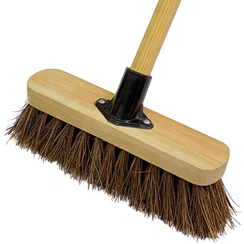10” Garden Broom Outdoor with Wooden Handle Natural Stiff Bassine Hard Bristle Push Broom with Durable Support Bracket Yard Brush Heavy Duty Outdoor Stiff Sweeping Yard Brush (Pack of 1)