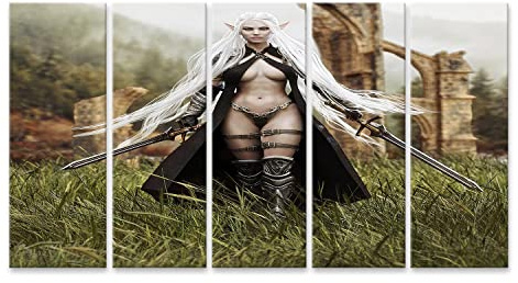 islandburner Bild auf Leinwand Elfen Kriegerin mit Schwertern Fantasy Elfe Bilder Wandbilder Poster