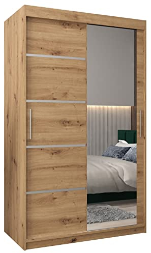 MEBLE KRYSPOL Kleiderschrank mit Spiegel Verona 2 - Garderobenschrank - Schrank Schlafzimmer - Mehrzweckschrank Zwei Schiebetüren - Regalen - Flur Möbel - Kleiderstange Schrank - Allzweckschrank