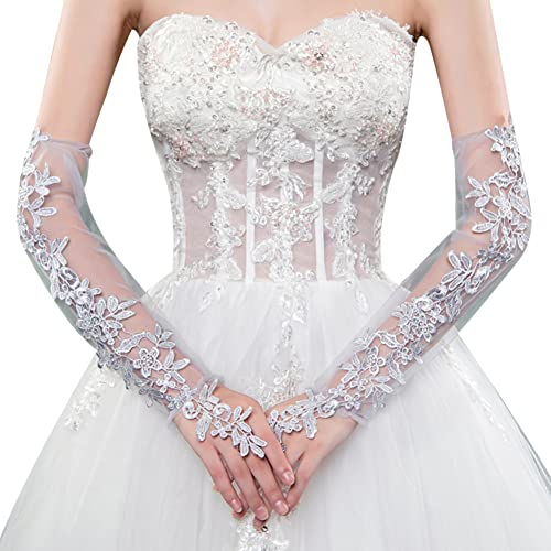 MoreChioce Lange Damen Spitzenhandschuhe, Fingerlose Hochzeithandschuhe Sommer Armstulpen Handschuhe Mesh Brauthandschuhe Spitze Handstulpen für Braut Abschlussball Oper Dinnerparty,Grau