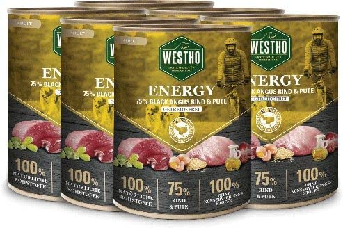 WESTHO Nassfutter Energy (6 x 800g) | 75% Black-Angus-Rind & Pute in Lebensmittelqualität | Getreidefrei | Für ausgewachsene Hunde | Premium HundeWESTHO Nassfutter mit extra viel Fleisch
