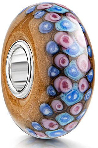MATERIA by Matthias Wagner 3D Glas Bead Muster braun blau rosa Punkte mit 925 Silber Hülse für Armband/Kette 1050