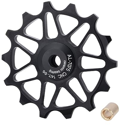 Schaltwerk Riemenscheibe, 12T/14T Keramik Fahrrad Führungsrolle, schmale breite Zähne, Fahrradführungsrolle mit Reduzierhülse für Rennrad, Mountainbike, MTB, BMX (Schwarz 14T)