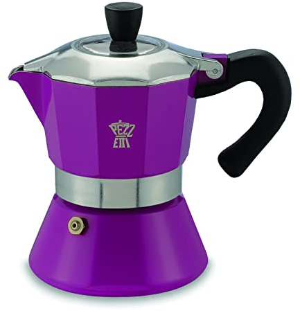 PEZZETTI, Bellexpress Caffettiera 3 Tazze Alluminio Alimentare, Coperchio Trasparente, Guarnizione Silicone Alimentare, Manico Resistente al Calore; Per Piani a Gas Elettrici e Vetroceramica, Lilla