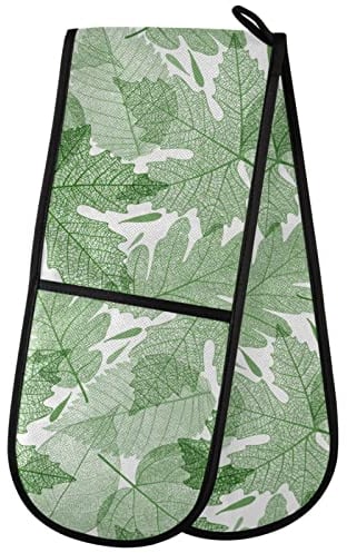 ZZXXB Green Leaves Double Oven Mitt Heat Resistant Non-Slip Kitchen Gloves Extra Long 7 x 35 for Cooking Baking Barbecue Grilling