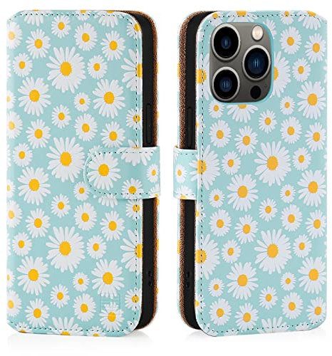 32nd Floral Series 3.0 - Design PU Leather Book Wallet Case Cover for Apple iPhone 14 Pro Max (6.7), Designer Flower Pattern Wallet Style Flip Case With Card Slots - Blue Daisy