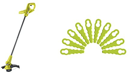 RYOBI - Coupe-Bordures/Dresse-Bordures 18V One+ - Ø Coupe 23cm - Ø Fil 1 x 1,6mm - Vendu sans Batterie ni Chargeur & Lot de 10 Lames de Rechange en Plastique Jaune - pour Têtes Double Lames Dentelées