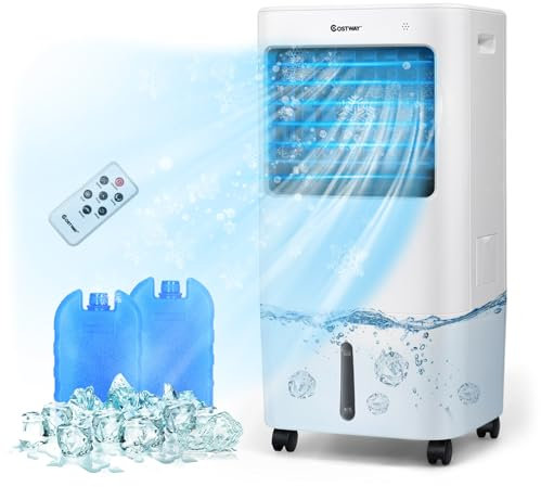 COSTWAY Rafraîchisseur d'Air Silencieux 4 EN 1,Climatiseur Mobile sans Évacuation 20L,65W,Auto-Oscillation,Refroidissement,Ventilateur,Humidificateur,Purificateur,2 Pain de Glace,Mini Clim Portable