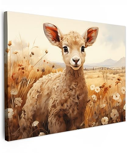 MuchoWow© Leinwandbild 80x60 cm Dekoration Wohnzimmer Bilder Aufhängen Wall Decoration Living Room Wohnungs Deko Moderne Vintage - Schafe - Lamm - Blumen - Berge - Natur - Tiere