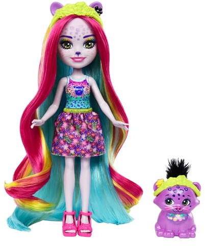 Enchantimals Sunshine Beach Pantherpuppe und Tierfreund mit Deluxe-Haar zum Stylen und Accessoires, Tierspielzeug, farbenfrohe Moden, HTJ69