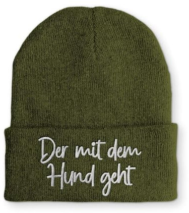 tshirtladen Beanie Der mit dem Hund geht - Lustige Mütze für Hundebesitzer - wärmende Beanie mit Stickmotiv für Winterspaziergänge - Olive