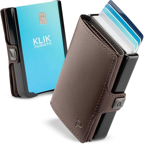 PURISTO KLIK Minimal Slim Wallet mit Münzfach - Mini Portemonnaie und Geldbeutel für Herren aus Echtleder - Kleines Kartenetui mit RFID Schutz für 10-12 Karten - Dunkelbraun