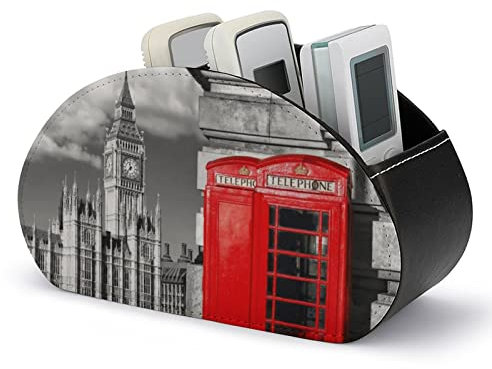 Englische rote Telefonzelle, Big Ben, London, TV-Fernbedienungshalter mit 5 Fächern, niedlicher Fernbedienungs-Caddy aus PU-Leder, Tablett, Schreibtisch-Organizer, Stifthalter, Aufbewahrung für Nachtt