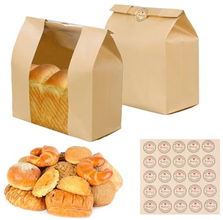 50 Packs Paper Bread Bags For Homemade Bread, Sourdough Bread Kraft Paper Bags, Brown Bakery Bags with Window for Home Baking Packaging Storage (50)