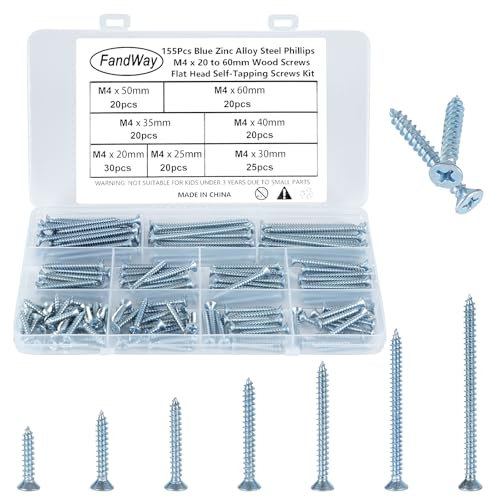 FandWay 155 Pezzi Viti Autofilettanti a Testa Svasata,Viti Per Legno Croce M4.2x20/25/30/35/40/50/60mm Viti per Cartongesso Mobili Legno,Viti Testa Piatta a Phillips Acciaio Carbonio Zincate.