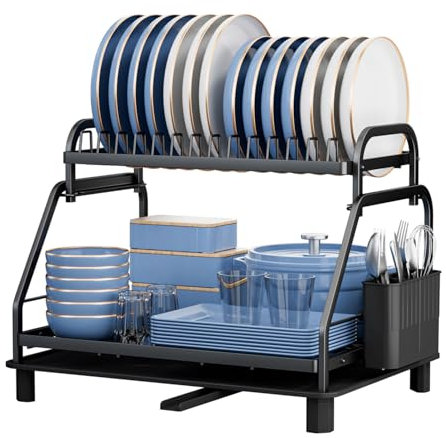 E-MANIS Escurreplatos Gran Capacidad de 2 Niveles,Escurridor Superior extraíble para Uso Separado,con Bandeja de Goteo y Boquilla en Espiral,Estante para Cubiertos
