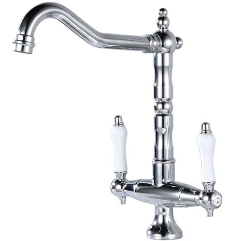 Robinet de cuisine chromé, haut robinet de lavabo rétro, antique à deux poignées, mitigeur de salle de bain, robinet d'évier de cuisine, robinet de cuisine rotatif à 360° en laiton