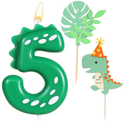 Ronoza Geburtstagskerzen Zahlen 5, Dinosaurier Kerzen Geburtstag, Geburtstagskerze, Geburtstagskerzen für Torte, Kerze 5, Grün Kerzen Zahlen, mit 2 Stück Dinosaurier Happy Birthday Cake Topper