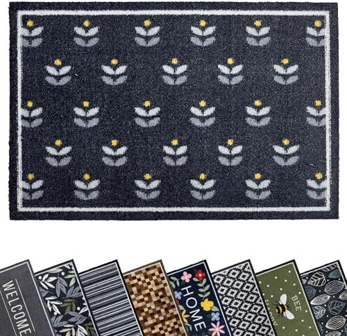 Mighty Mats Eco Flex Washable Door Mat - Highly Absorbent Anti-Slip Dirt Trapper Indoor Doormat with Anti-Curl Rubber Base - Floral Repeat Grey/Yellow, 50 x 75cm