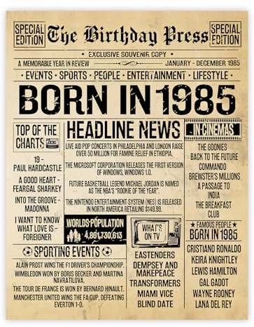 Stuff4 Poster zum 40. Geburtstag, ungerahmt – Born in 1985 Vintage-Zeitung – Happy 40th Birthday Geschenke für Frauen und Männer, Retro Back in 1985, 20,3 x 25,4 cm, vierzig Vierzigste Dekoration,