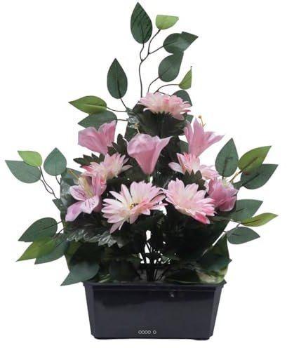 Artificielles.com - Jardinière fleurs artificielles gerbera, Alstromeria et Ficus Rose pour la Toussaint - couleur: Rose 715