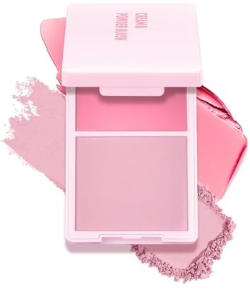 Cream Powder Blush, 2 Shade Blush Palette With Cream & Matte Pressed Powder, High Pigmented Pink Candy Peach Blush Palette