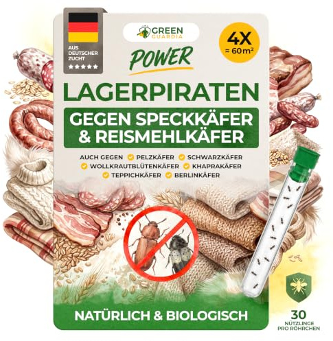 GREEN GUARDIA Lagerpiraten gegen Speckkäfer - 4 Röhrchen à 30 Nützlinge - effektiv Teppichkäfer, Pelzkäfer, Reismehlkäfer UVM. bekämpfen. Alternative zu Speckkäfer Falle & Teppichkäfer Falle