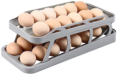Almacenamiento de huevos para el frigorífico, soporte para huevos de doble fila con función de rodillo automático, para 24-48 huevos, (Gris, Anchura2)