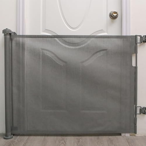 Barrera de seguridad retráctil para bebés niños y perros, 0-150 cm de ancho, barrera de seguridad enrollable para escaleras, pasillos, interiores y exteriores, 86 x 150 cm, color gris