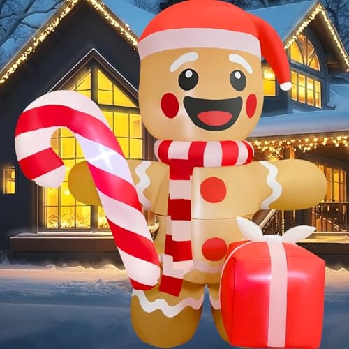 2025 Christamas - Coppia di omini di pan di zenzero gonfiabili, 1,8 m, con bastoncini di zucchero, decorazioni per esterni, decorazione per esterni, pan di zenzero, con LED integrati, per feste