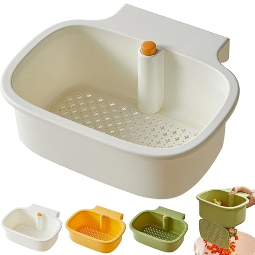 One-Button Opening and Closing Hanging Sink Corner Rack, Corner Sink Strainer, Quick-Drain Self-Cleaning Strainer Basket, Easy to Install & Clean (White)