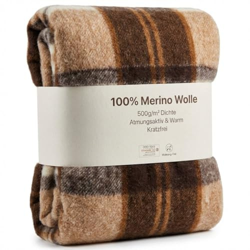 Wool & Home Merino Wolldecke 200x200 cm – Kuscheldecke aus 100% Merinowolle, Muster Karo – Gewicht 500 g/m² – Atmungsaktiv und Langlebig