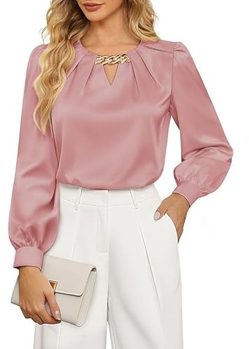 JASAMBAC Going Out Tops for Women UK,Satin Blouse Long Sleeve Tops Silk Top Ladies Evening Top Shirts Office Wear for Work Party Business