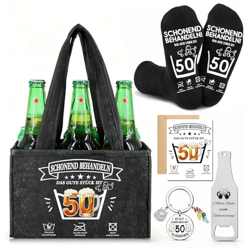 Männerhandtasche Bier Geschenkset,Geburtstagsgeschenk Mann 50.Geburtstag | Geburtstagsgeschenk für Männer,Bier Handtasche,Socken,Flaschenöffner,Schlüsselanhänger & Karte,Biergeschenke Männer