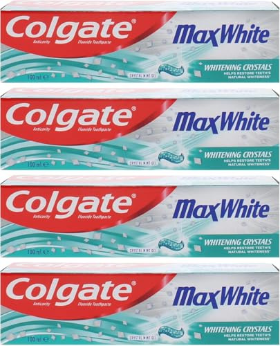 Colgate Max White Toothpaste 4 x 100ml with Whitening Crystals Crystal Mint Gel Advanced Stain Removal Toothpaste for Whiter Teeth Fresh Breath & Deep Clean Oral Care Value Pack