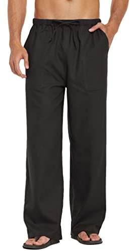 COOFANDY Leinenhose Herren mit Tunnelzug Herrenhose Leicht Sommerhose Freizeithose Einfarbig Hosen mit Taschen Schwarz XXL