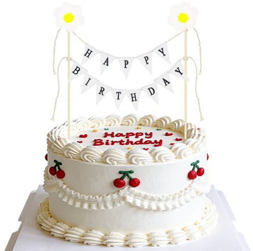 Happy Birthday Bunting Cake Topper,Daisy Retro Flag Cake Decorations,Birthday Cake Toppers for Cakes Dessert Cupcake Supplies