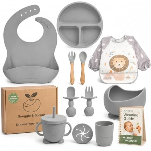 Snuggle & Sprout - 12PCS Silicone Baby Weaning Set: Suction Plate, Bibs, Toddler Cutlery, Sippy Cup - Ideal Baby Shower Gifts & Baby Essentials Including Weaning Chart & Ebook