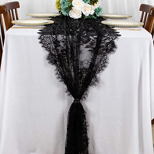 Tischläufer Hochzeit, Spitze Tischdecke, Spitzeauflage für Hochzeit, Boho Deko Tischdecke mit Blumen, Tischdekorationen für Hochzeiten, für Hochzeiten, Bankette und Sommerliche Gartenpartys (Schwarz)