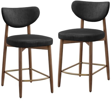 VASAGLE Barhocker 2er Set, mit Rückenlehne, Massivholzbeine, in PU-Leder | Gepolsterte Tresenhocker, 50 x 51,5 x 95,5 cm, Tintenschwarz und Rustikale Walnuss, MAZIE Kollektion LBC126B101