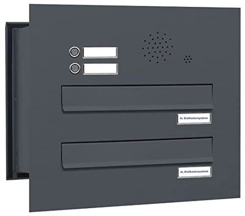 AL Briefkastensysteme 2 er Briefkasten Mauerdurchwurf in Anthrazitgrau RAL 7016 mit Klingel, 2 Fach DIN A4, wetterfeste Premium Briefkastenanlage Postkasten