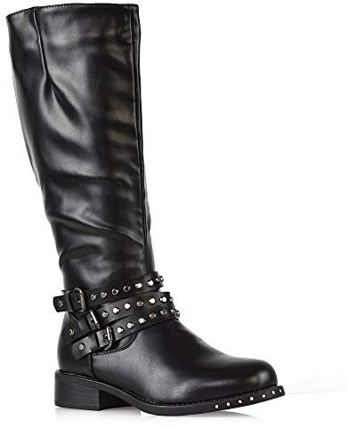 Frauen Reißverschluss Nieten Knie Hohe Biker Stiefel Damen Schwarz Synthetikleder Riemchen Schnalle Niedrige Block Absatz Schuhe EU 36