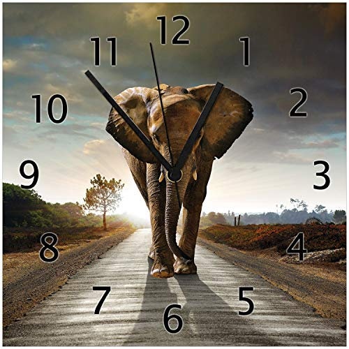 Wallario Design-Wanduhr Elefant bei Sonnenaufgang in Afrika aus Glas, Motiv-Uhr Größe 30 x 30 cm, Schwarze Zeiger