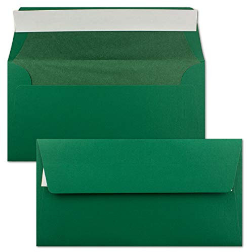 25x Briefumschläge DIN Lang 11 x 22 cm gerippt in Dunkelgrün gefüttert mit grünem Seiden-Papier 110 g/m² Haftklebung