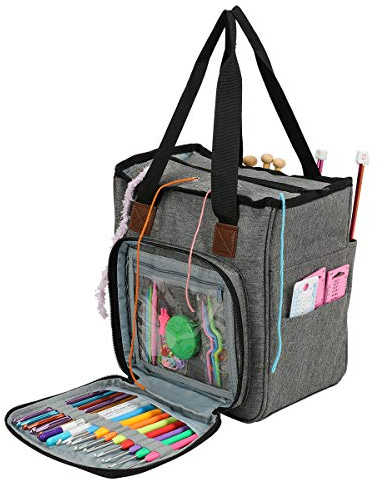 Coopay Häkeltasche für Garn, Leichte Stricknadeln, Häkelnadeln Tasche, Nähkörbe, Geeignet für Mädchen, Damen, Senioren, hochwertiges wasserdichtes Oxford-Gewebe,Kein Zubehör (Reihergrau)