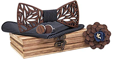 HZQIFEI Noeud Papillon en Bois Sculpté avec Broche à Fleurs, Mouchoir et Boutons de Manchette pour Cadeau, Réception, Mariage (Style#4)